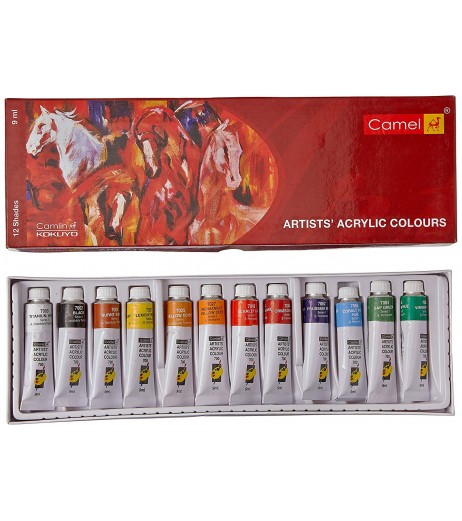 Acrylic Colour Box 9ml Tubes 1 Pack with 12 Shades Colours and Brushes - SchoolChamp.net